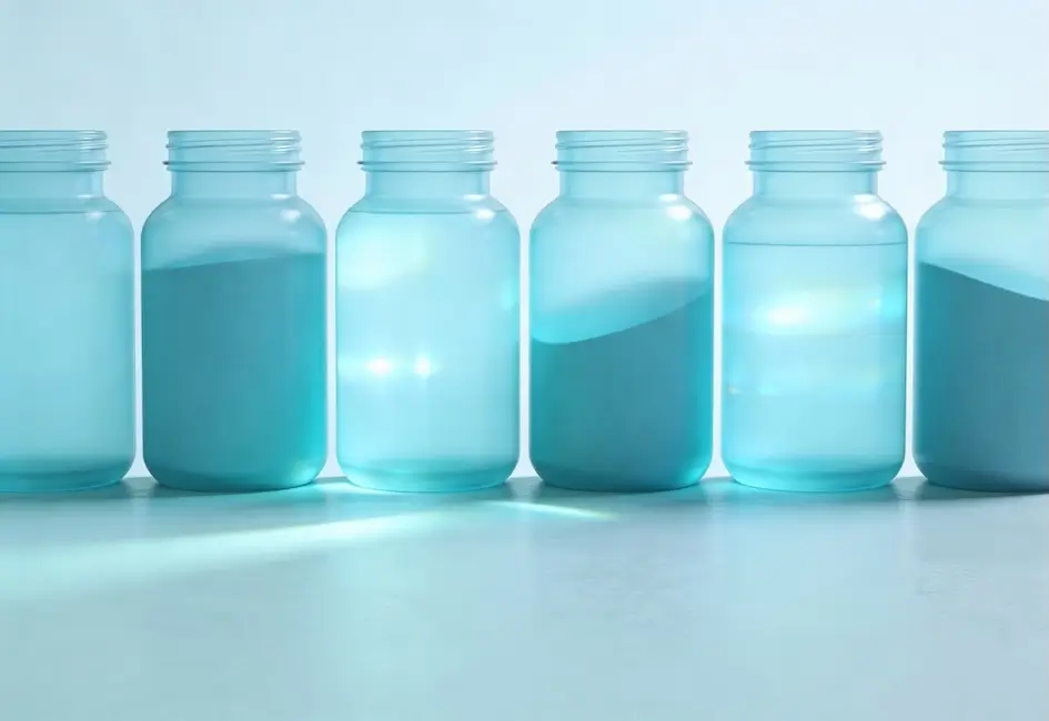 Cinco tarros transparentes llenos de líquido azul están dispuestos en fila sobre una superficie luminosa, cada uno con un nivel de líquido diferente.