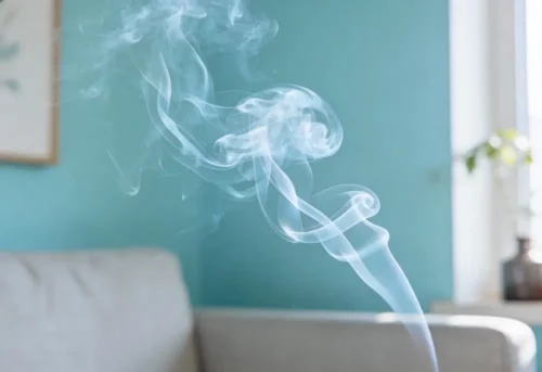 Una brizna de humo se eleva en el aire por encima de un sofá de color claro, que sugiere un sahumar reciente, con una pared azul y una ventana al fondo.
